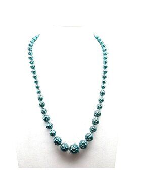 Vintage Blue-Green Iridescent Beaded Necklace with Textured Graduated Rose Mold